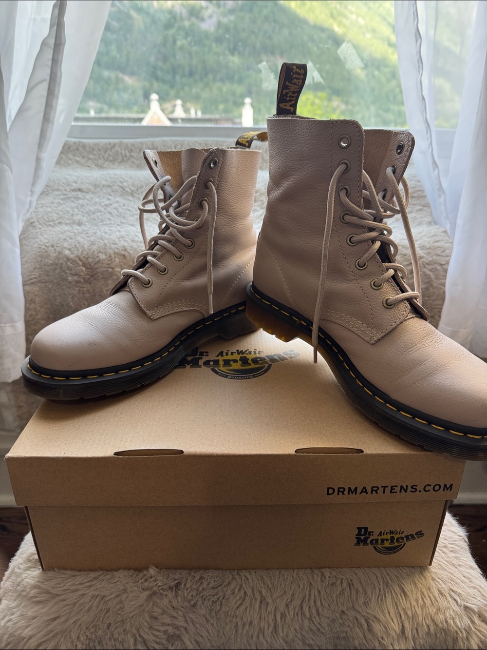 Dr. Martens Women's 8-Eye Lace-Up Boots in Light Beige Leather